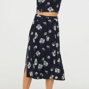 H&M Divided Daisy Midi Skirt Button Up + Side Split sz 6